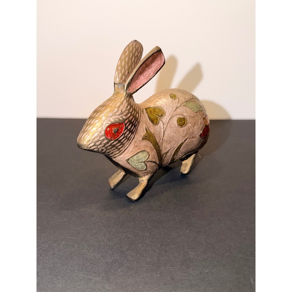 Vintage Patina Brass Champleve Enamel Rabbit Figurine Floral Bunny Statue 4.5"